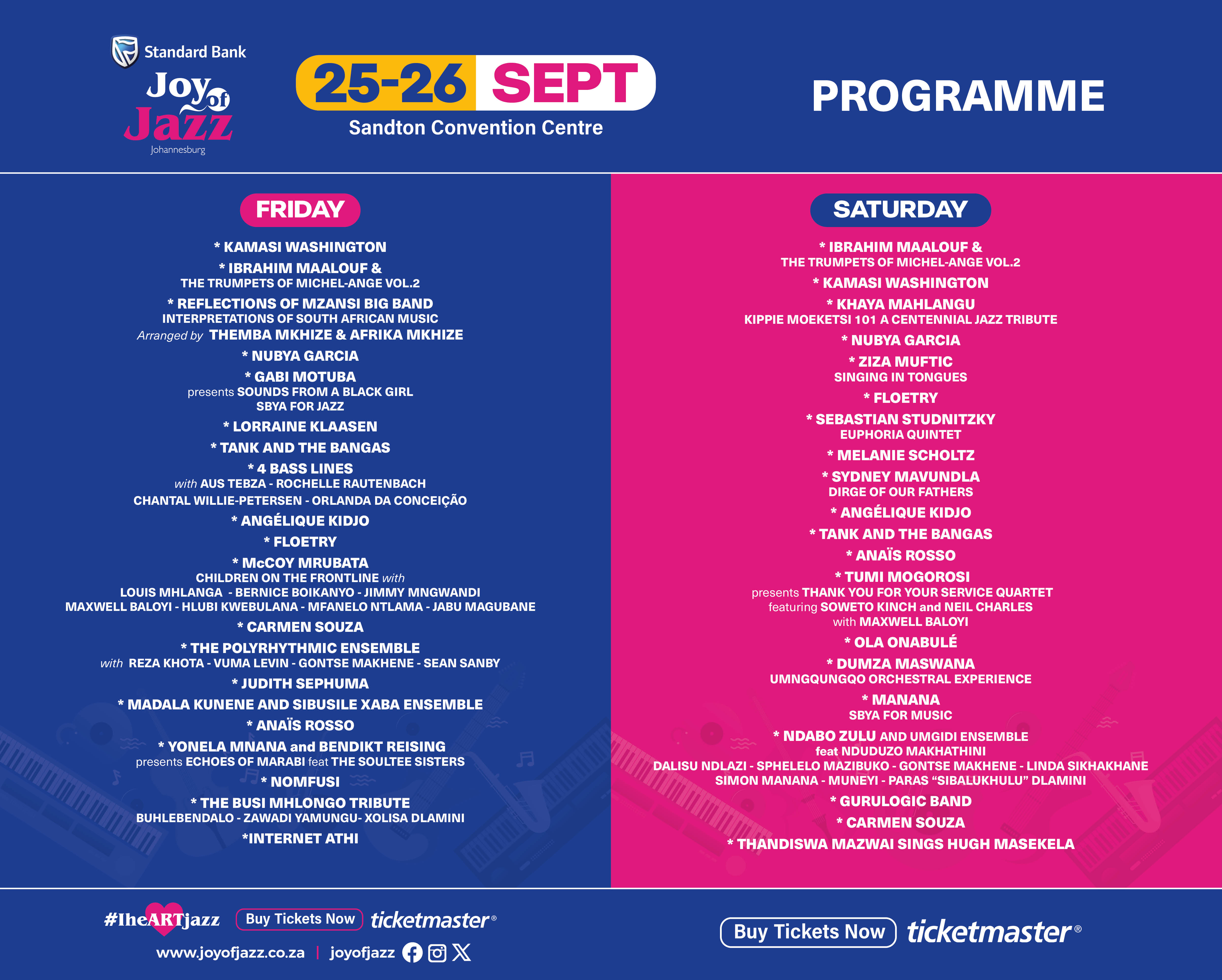 Standard Bank Joy of Jazz 2026 programme showing the Friday and Saturday line-ups